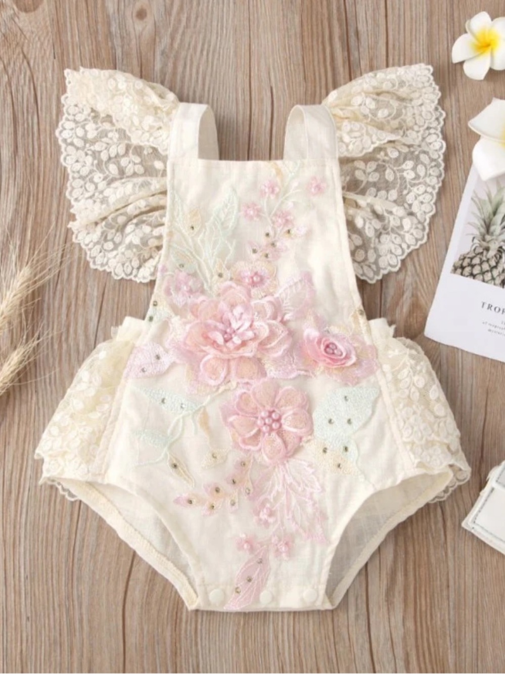 Embroidered Floral Lace Baby Romper - Cream with Pink & Lavender